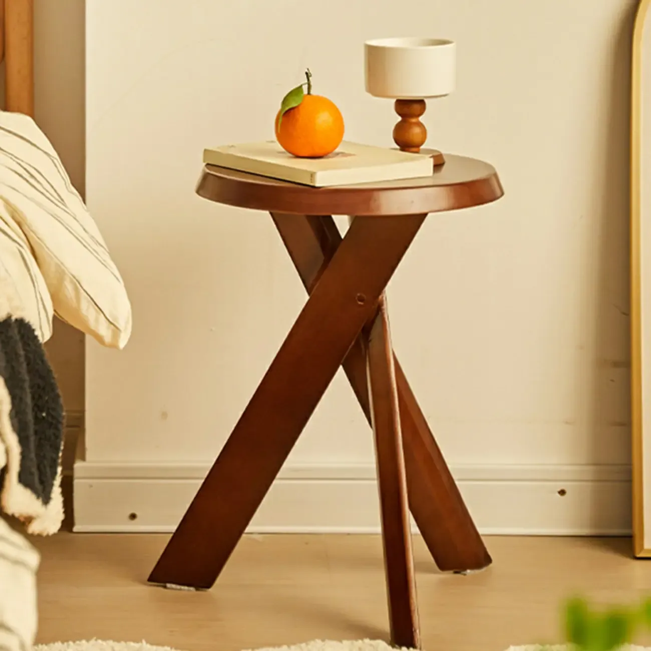Modern Round Wood Side Table with Cross Legs