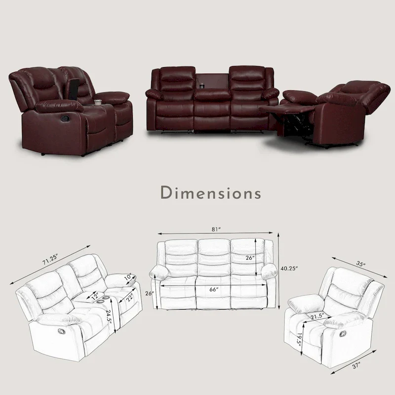 Manual Reclining 3-Piece Living Room Sofa Set - Sofa with Dropdown Table, Loveseat with Console, and Recliner