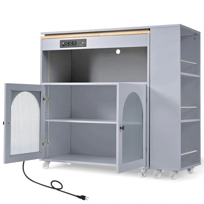 56.3 in. W Kitchen Island with Extended Table, LED Lights and Side 3 Open Shelves