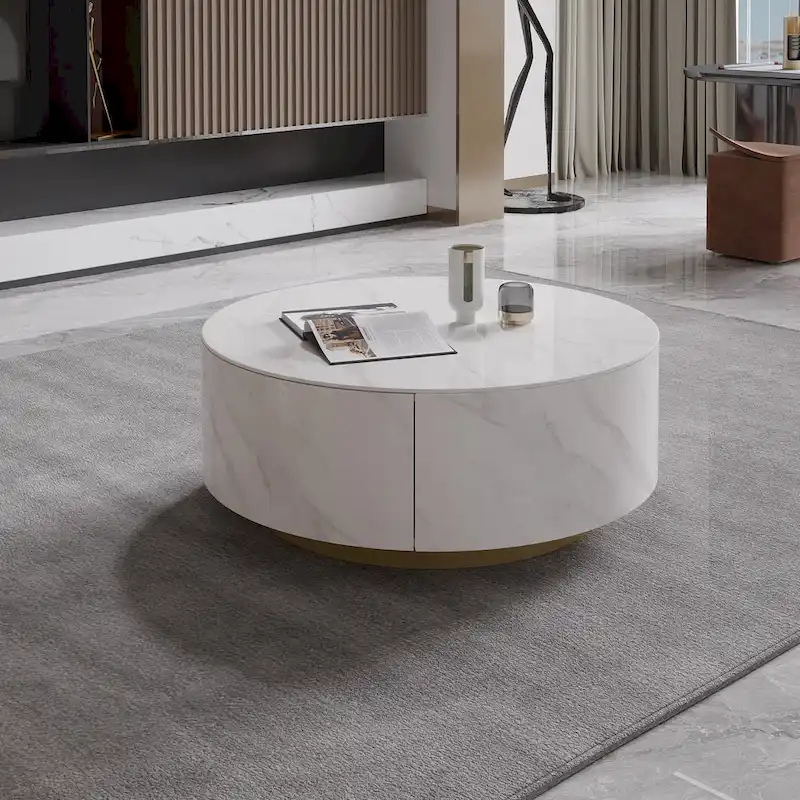 Modern Round Drum Coffee Table, Trapezoid White Marble Coffee Table For Living Room