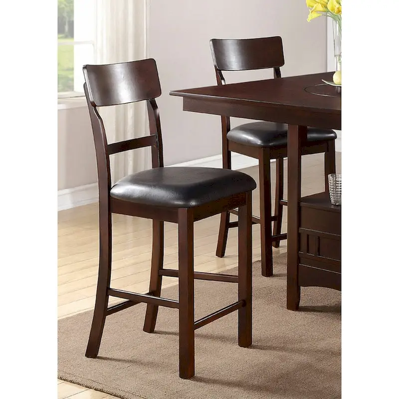 Set of 2 Chairs Dining Room Furniture Brown Solid wood Counter Height Chairs Upholstered Cushioned Unique back