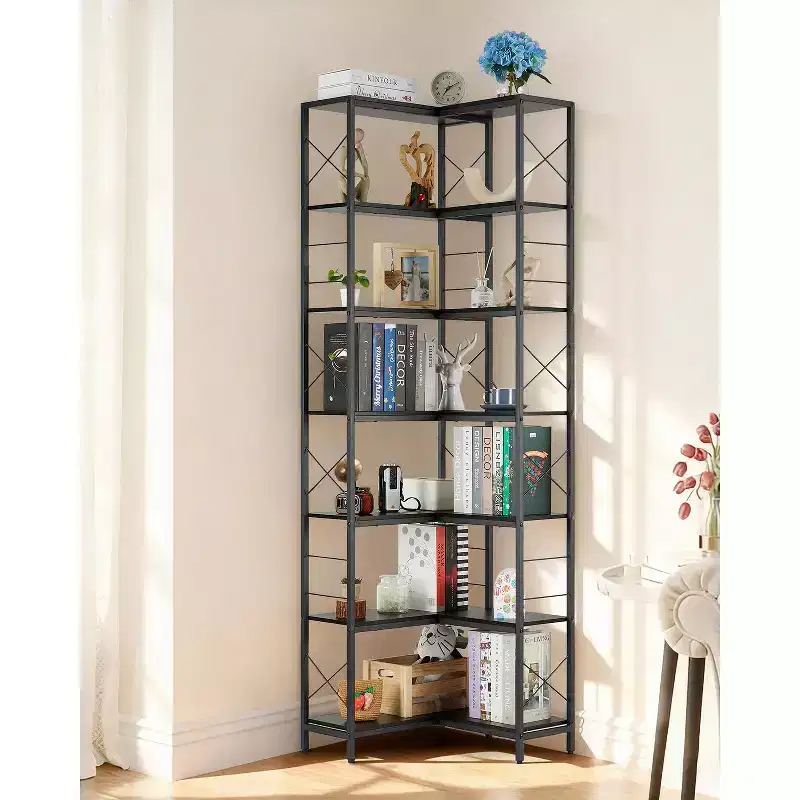 7 Tier Corner BookShelf,Wood and Metal Frame L Shaped Corner Bookcase,Freestanding Display Shelf for Living Room Kitchen, Home Office