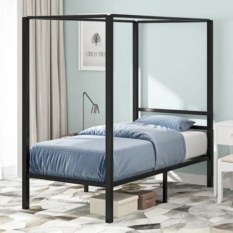 Steel Canopy Platform Bed Frame with Metal Slats – Matte Black, Modern Style