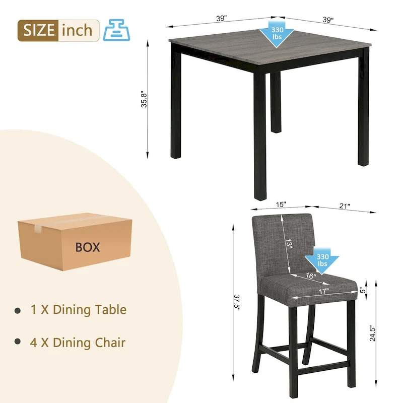 5 Piece Counter Height Table Set, Wooden Kitchen Table and Chairs Set with Square Table and 4 Upholstered Chairs