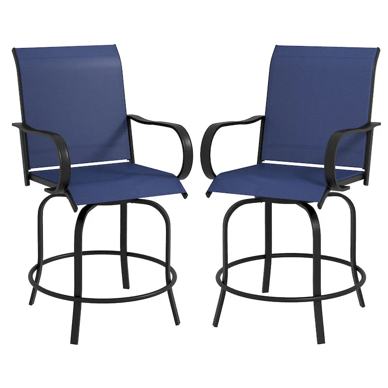 Outdoor Bar Stools with Armrests, Set of 2 360Swivel Bar Height Patio Chairs with High-Density Mesh Fabric, Steel Dining Chairs