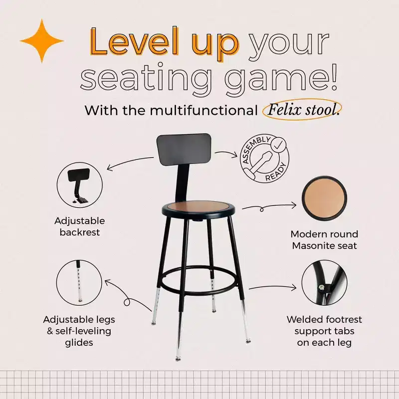 Hampden Furnishings 19-27" Felix Collection Steel Stool with Backrest