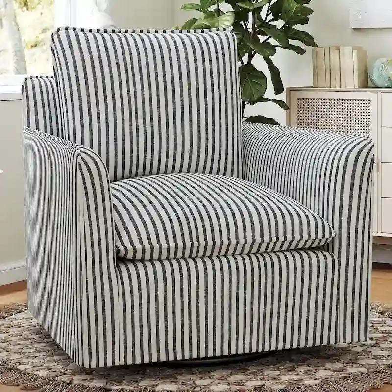 360° Swivel Barrel Accent Chair with Striped Linen & Padded Backrest – Dark Blue / Brown – 1-Seater