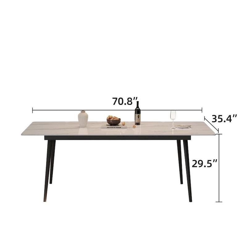 70.8 inch rectangular white kitchen dining table, with a sintered stone marble tabletop, metal legs