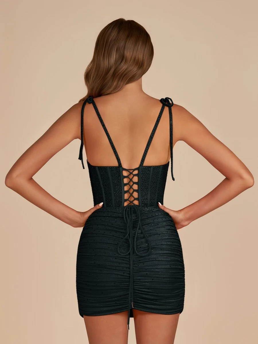 Black - Bodycon Scoop Neck Beaded Satin Corset Homecoming Dresses with Bow Straps