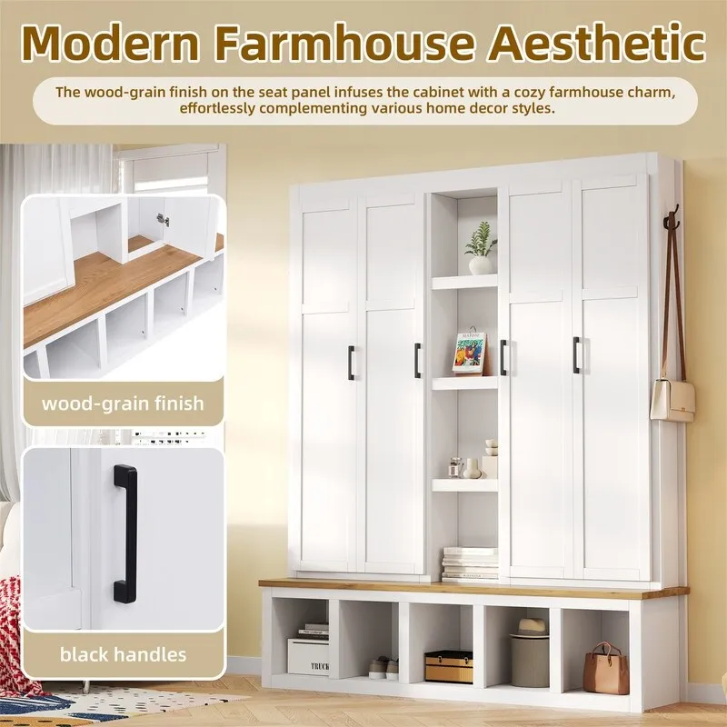 Farmhouse 4-in-1 Hall Tree with Open Display Shelves, Mudroom Shoe Bench with Open Compartments, Entryway Coat Rack with 6 Hooks