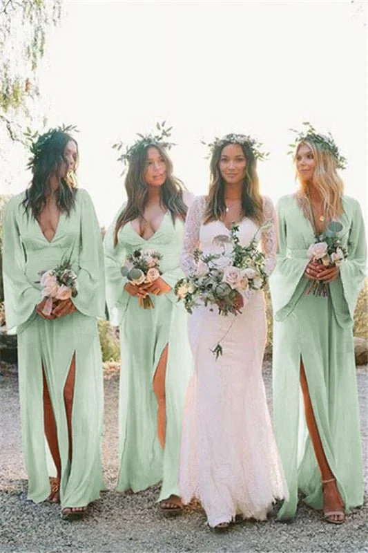 Boho A-Line Deep V Neck Long Sleeves Light Bridesmaid Dresses