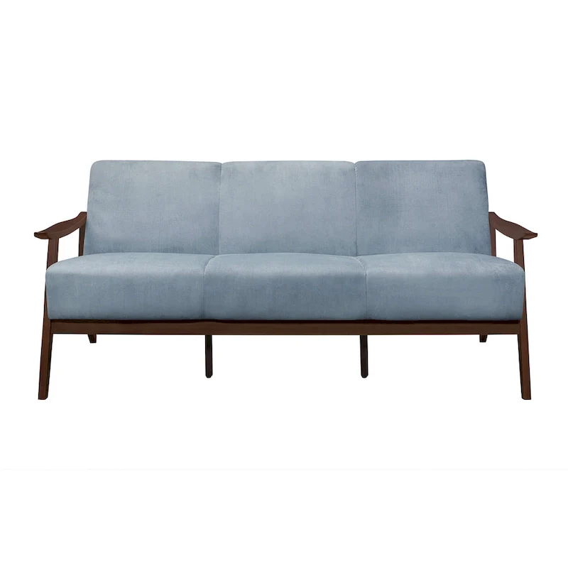 Rica 73 Inch Sofa, Soft Blue Gray Velvet, Walnut Brown Solid Rubberwood