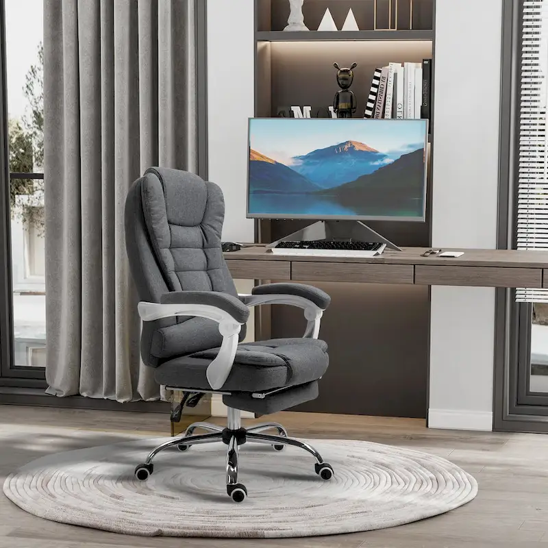 High-Back Executive Office Chair with Footrest, Linen Fabric and Padded Armrests