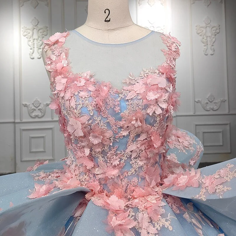 Quinceanera Blue Flower Ball Gown Dress