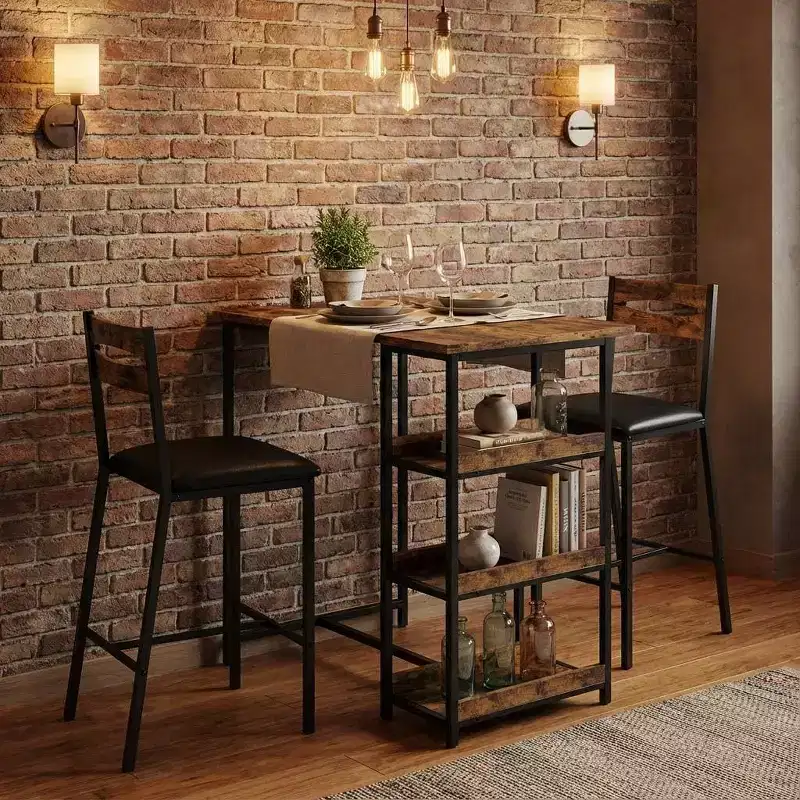 36 Counter Height Dining Table Set for 2 with Upholstered Bar Chairs and Storage Shelves, Space-Saving Kitchen Table for Small Space, Apartment