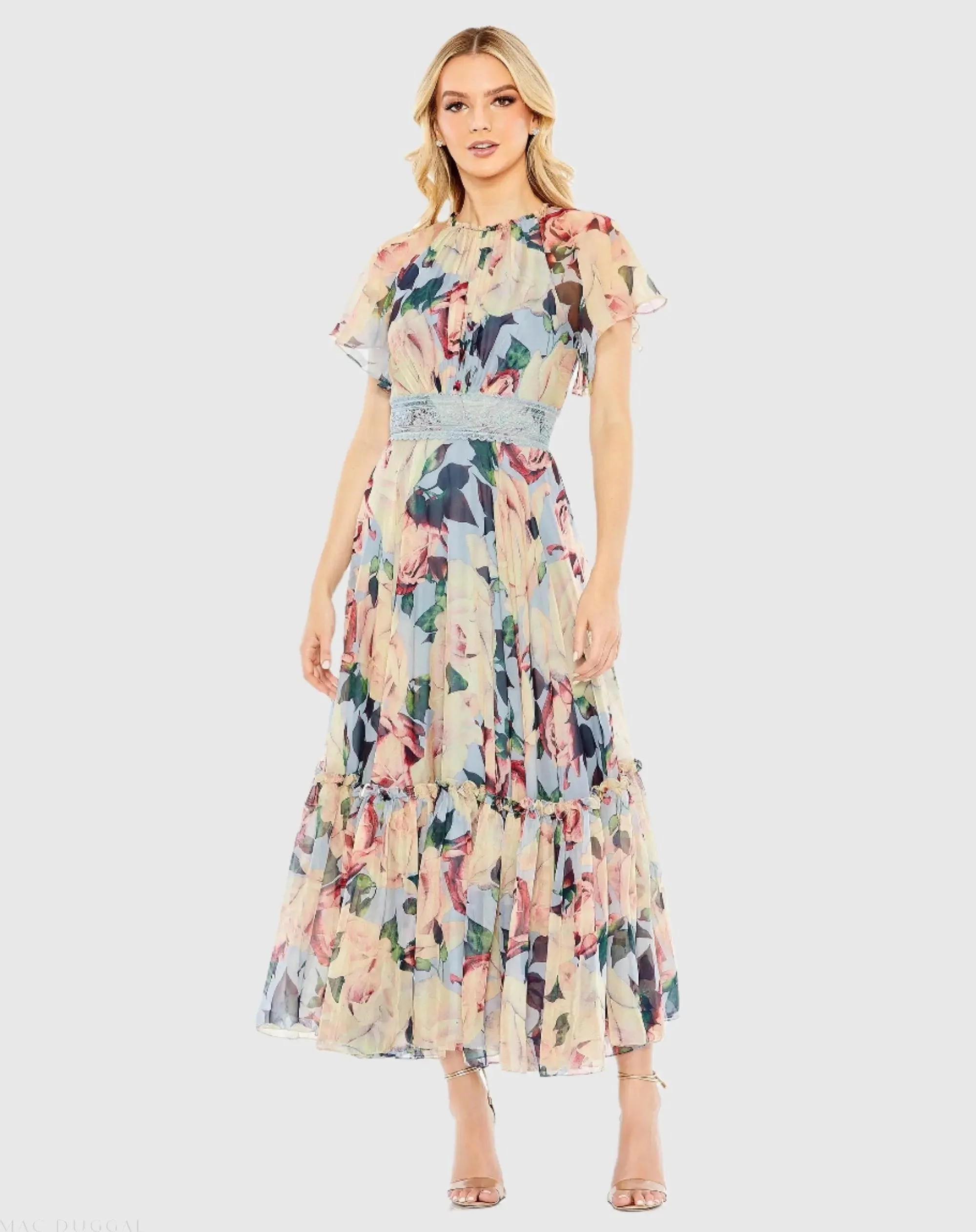 Multicolor Floral Chiffon High Neck Flutter Sleeve Dress