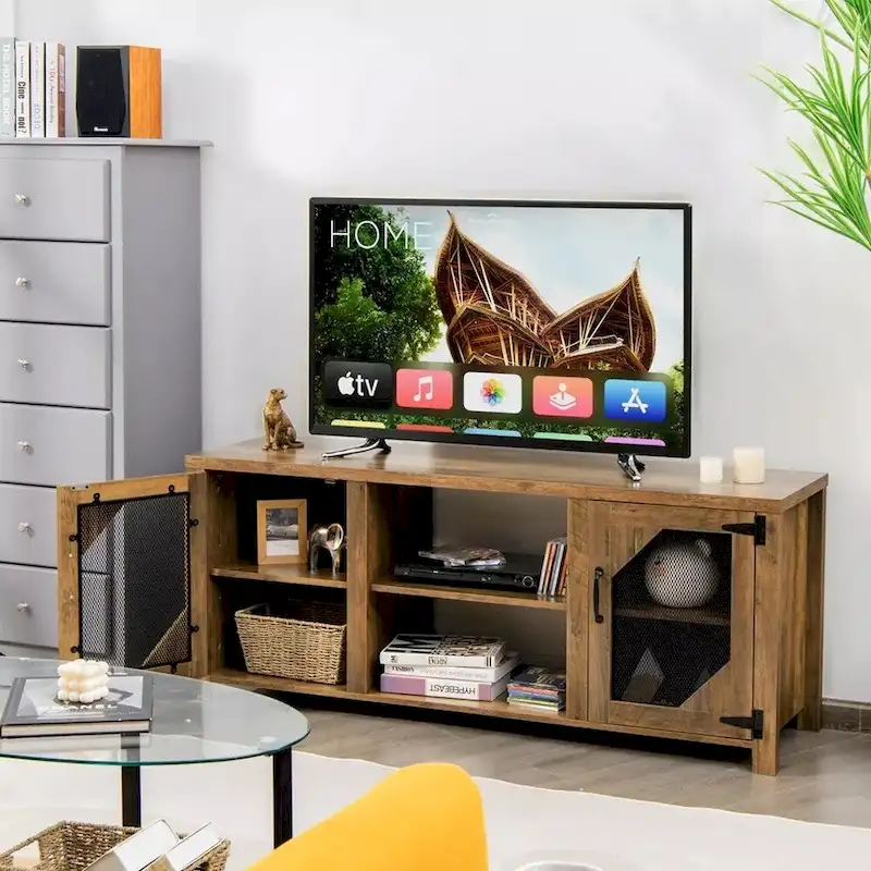 58-Inch TV Stand with Steel Mesh Doors and Adjustable Shelves