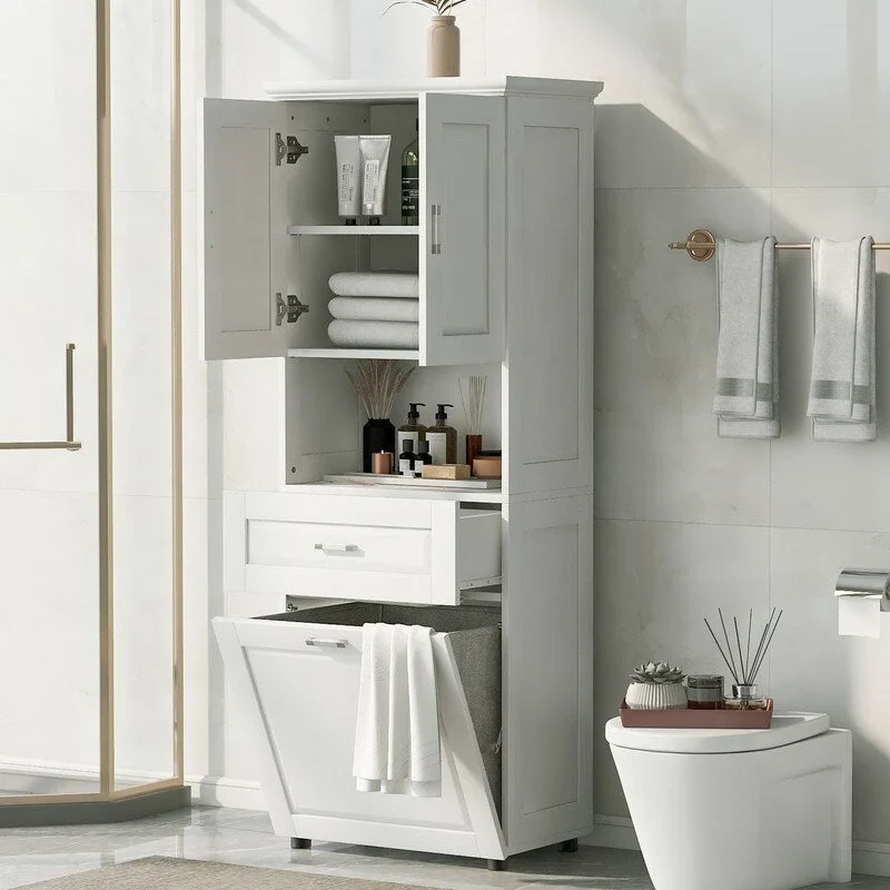 White Tall Bathroom Storage Cabinet with Tilt-Out Laundry Hamper, 1-Person