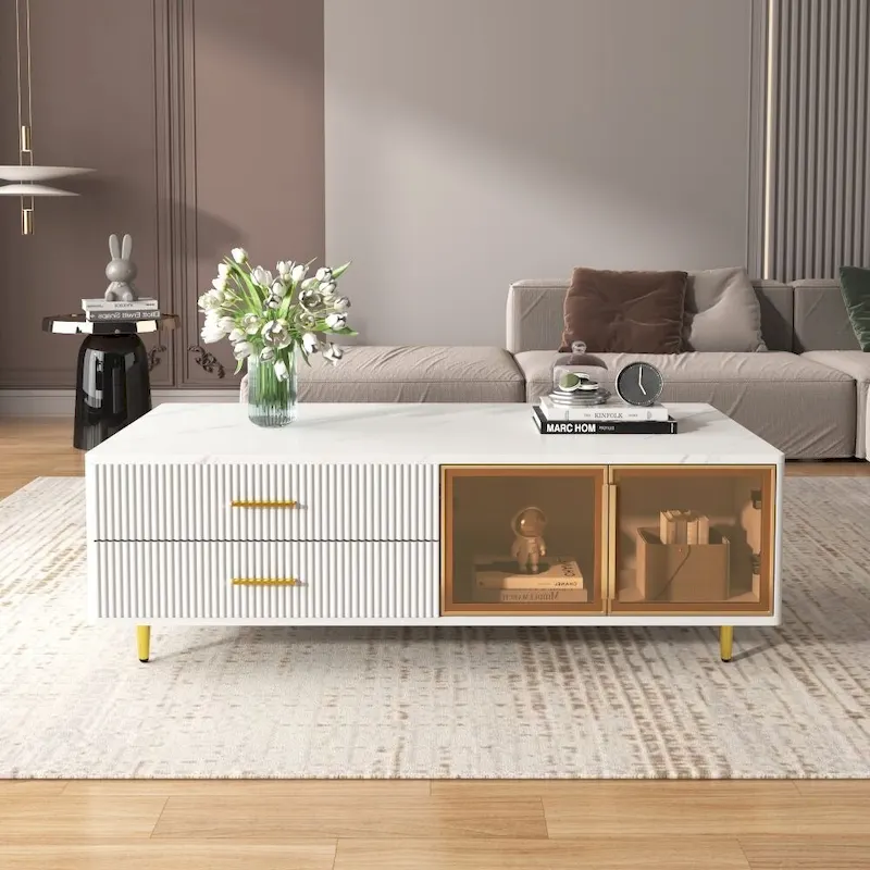 Modern Coffee Table with 2 Glass Door Storage with 4 Drawers