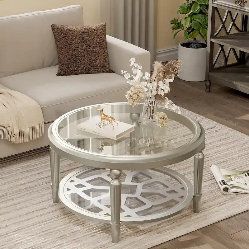 COSIEST Champagne Round Solid Wood Tempered Glass Coffee Table