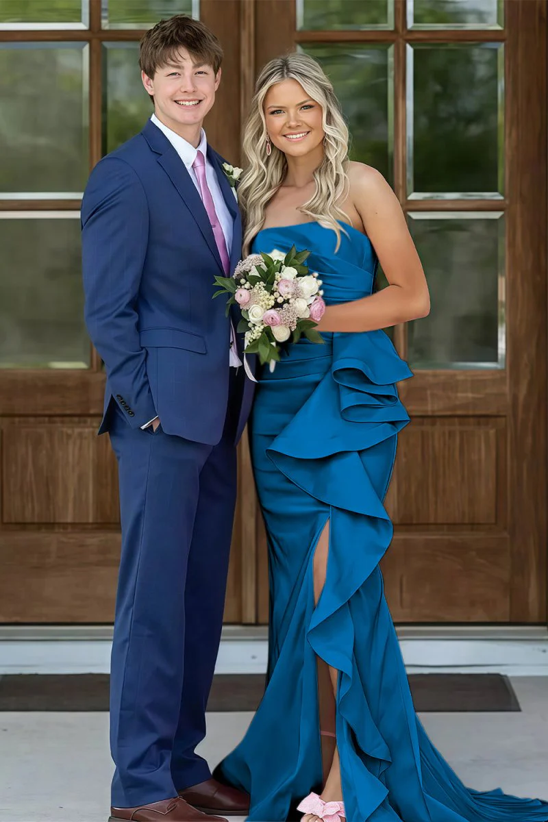 Pink Mermaid Strapless Satin Ruffled Long Prom Dresses with Slit