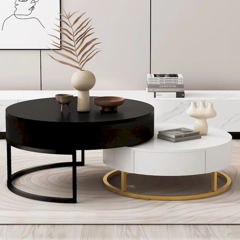Modern Round Lift-top Nesting Coffee Tables with 2 Drawers
