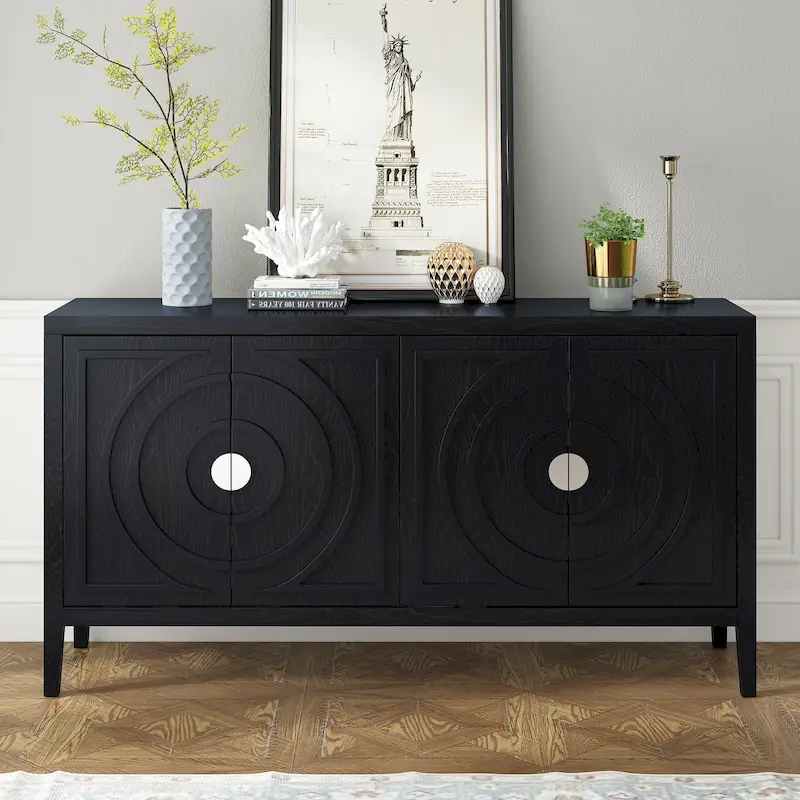 Retro Sideboard with Circular Groove Design Round Metal Door Handle
