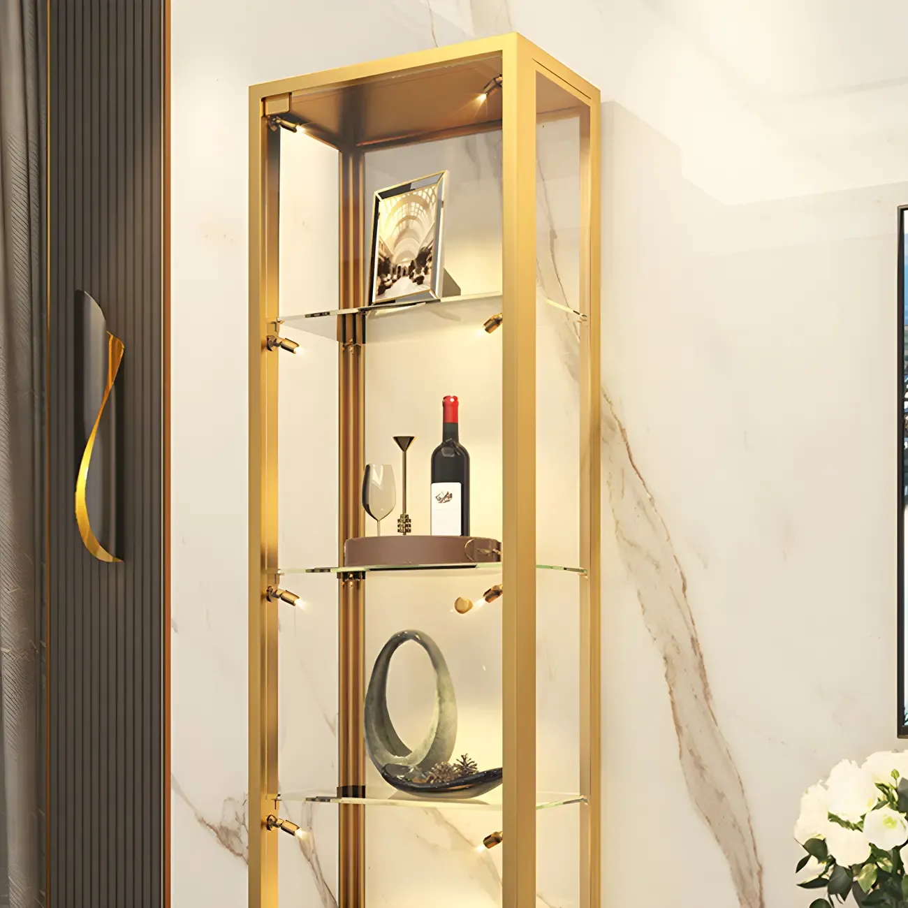 Glam Clear Glass Shelf Black Metal Frame Curio Cabinet