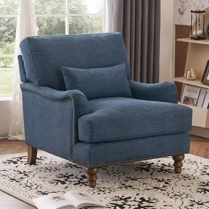 Upholstered Accent Chair with Lumbar Pillow, Solid Wood Frame