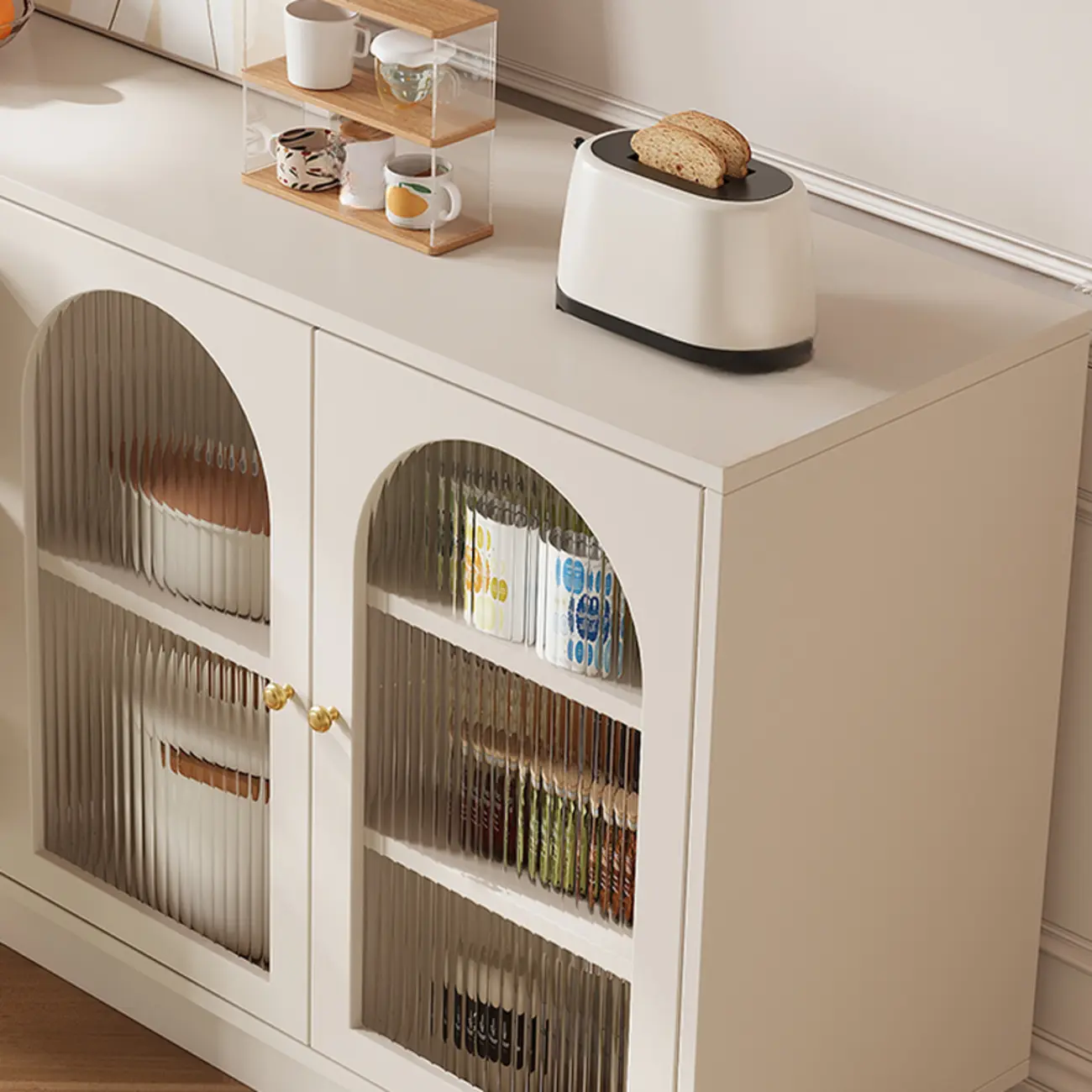 Elegant Adjustable Arched Glass Wood Buffet Cabinet with 3 Drawers