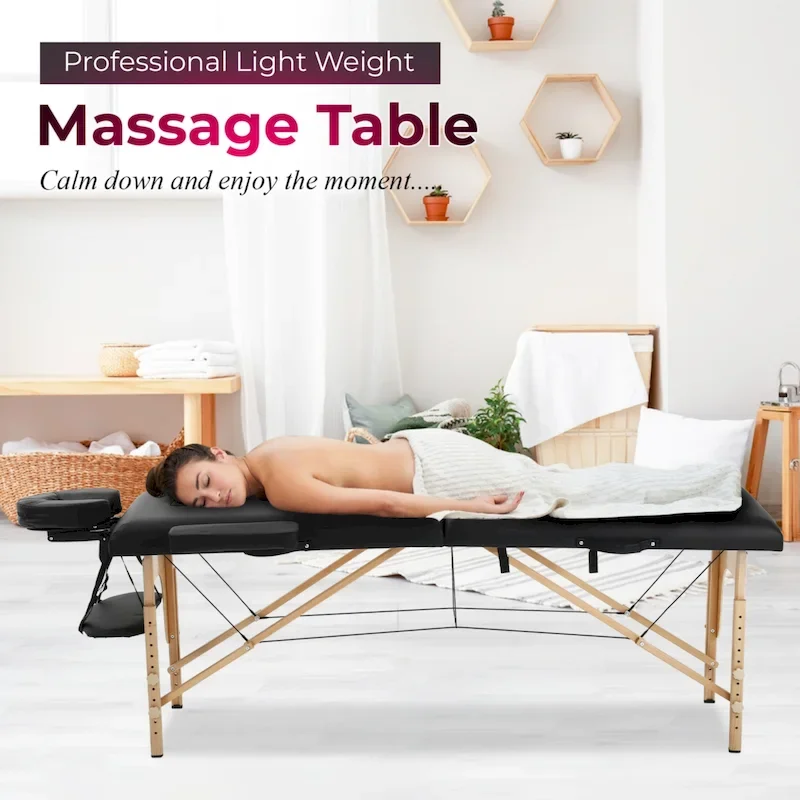 Black Portable Folding Massage Table with Adjustable Height & Armrests – Single