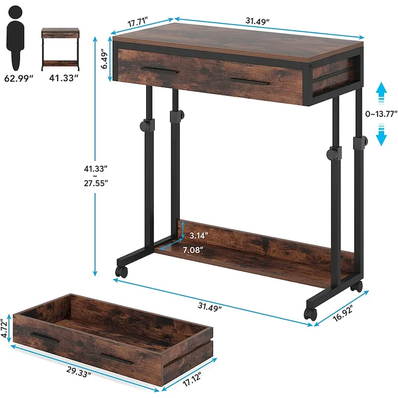 Height-Adjustable Side Table with Drawers and Wheels