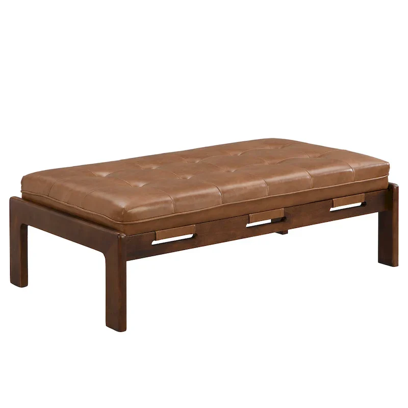 Christopher Knight Home - 48.4 Rectangle Tufted Upholstered Cocktail, Leather Ottoman Coffee Table with Rubber Wood Frame