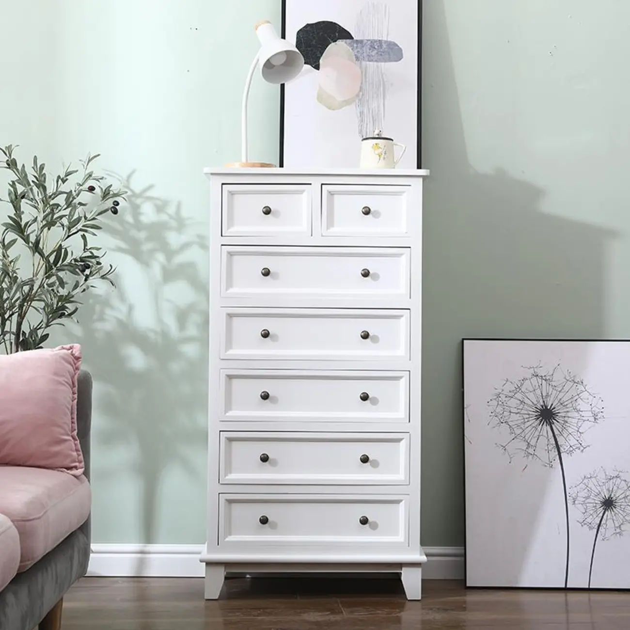 Elegant Wooden 9-Drawer White Dresser with Metal Handle