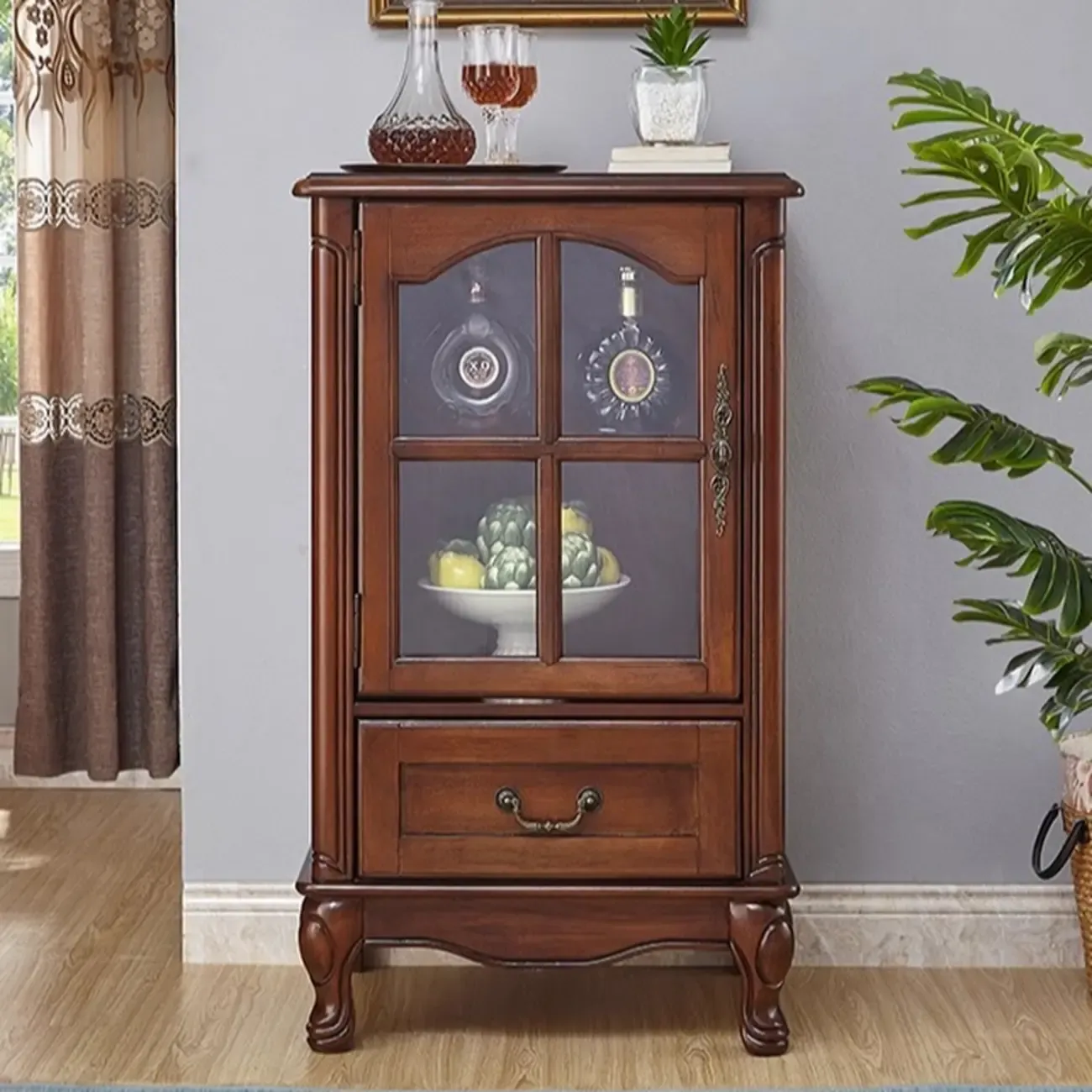 Rustic Wooden Interior Cabinet with Glass Display & Drawer