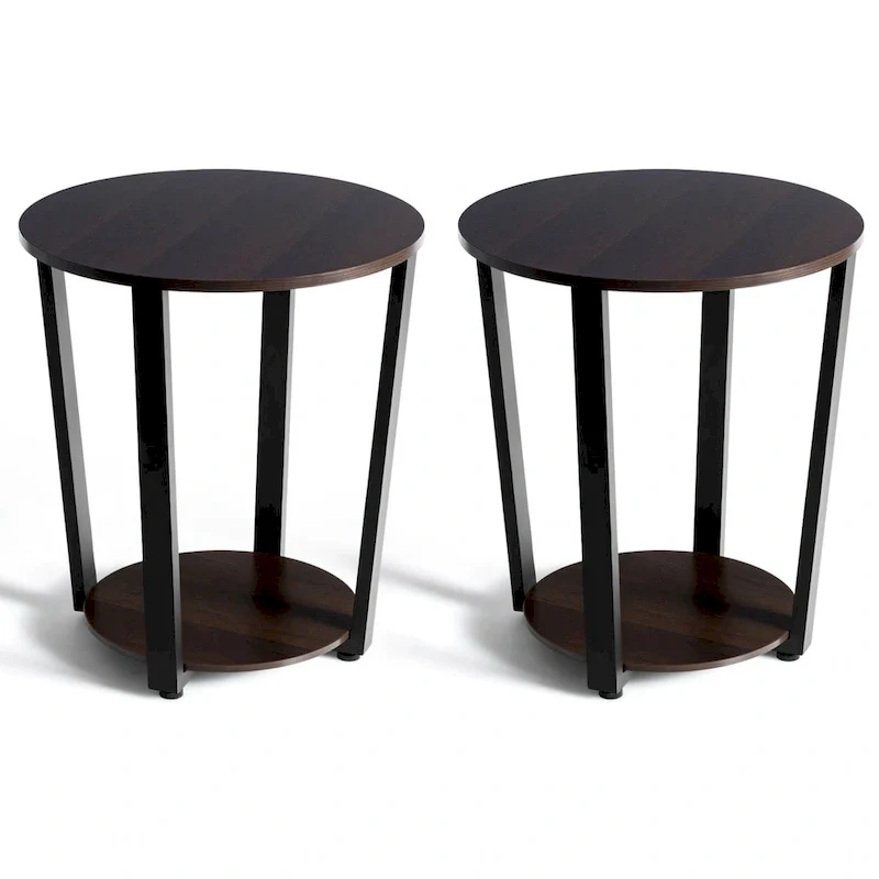 Set of 2 Industrial End Tables with 2-Tier Storage - Round Side Tables 19.5