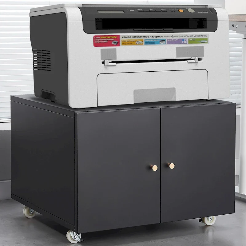 Black 2-Door Steel Mobile Printer Cabinet with Wheels, Single-User