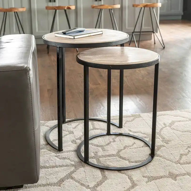 Set of 2 Nesting Accent Tables – Mango Wood Top & Iron Base, Black/Gold, 20x20x25 in