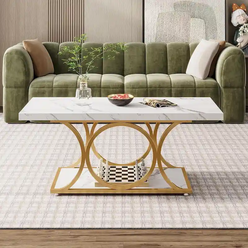 47.24-inch Rectangle Coffee Table, 2-Tier Modern Faux Marble Coffee Tables