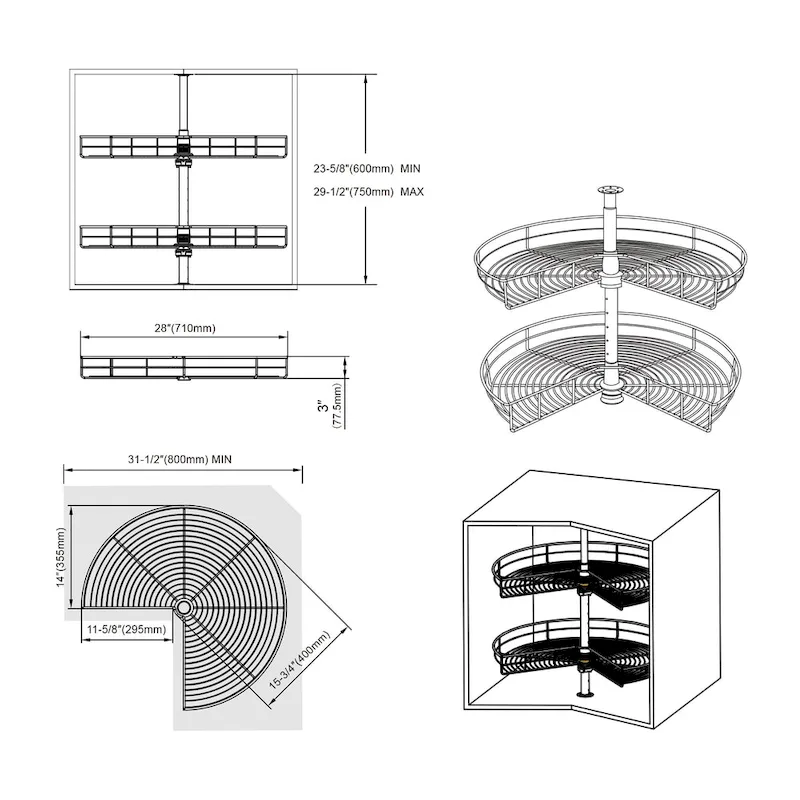 Dowell Lazy Susan 28 Diameter - 270 Degree Double Rack Stainless Steel