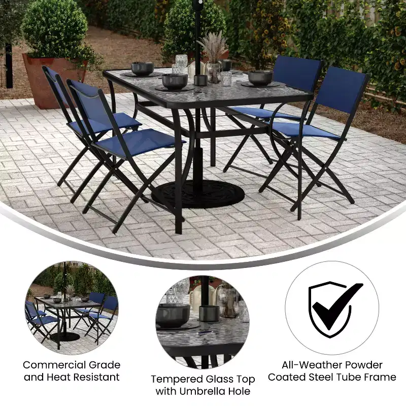 Emma and Oliver Rectangular Tempered Glass Top Patio Table with Umbrella Hole and Black Steel Tube Frame