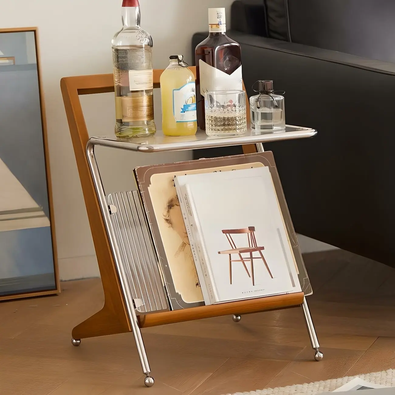Unique Z-Shaped Solid Wood Glass Display Small Side Table