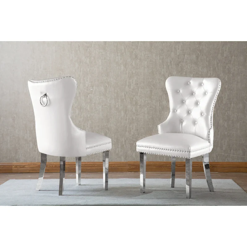 Wingback Button-Tufted Dining Chairs with Nailhead Trim & Steel Frame – Black / Grey / Cream / Navy Blue / White Faux Leather