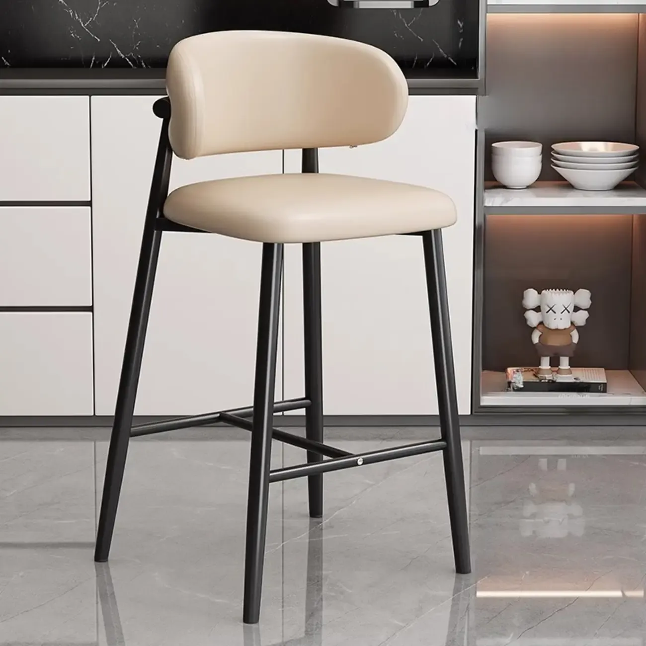Modern Off-White Leather Curved Back Counter Bar Stools