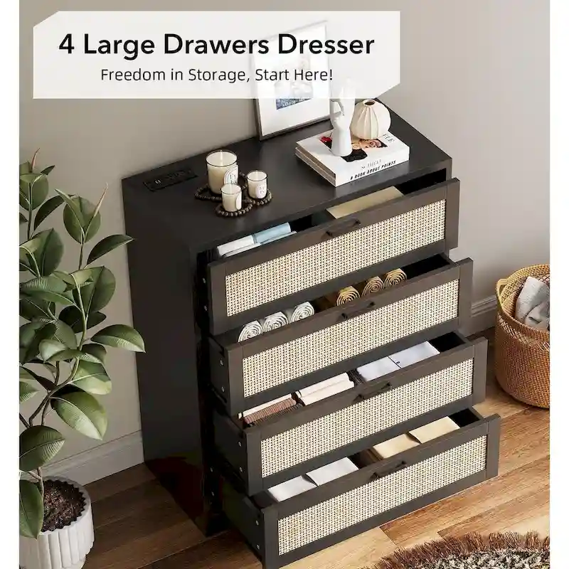 White / Natural / Black Rattan 4-Drawer Dresser, 1-Person