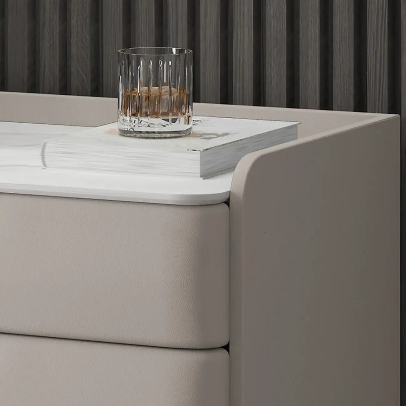 Modern Leather Stone Top Gold Accents 3-Drawer Nightstand