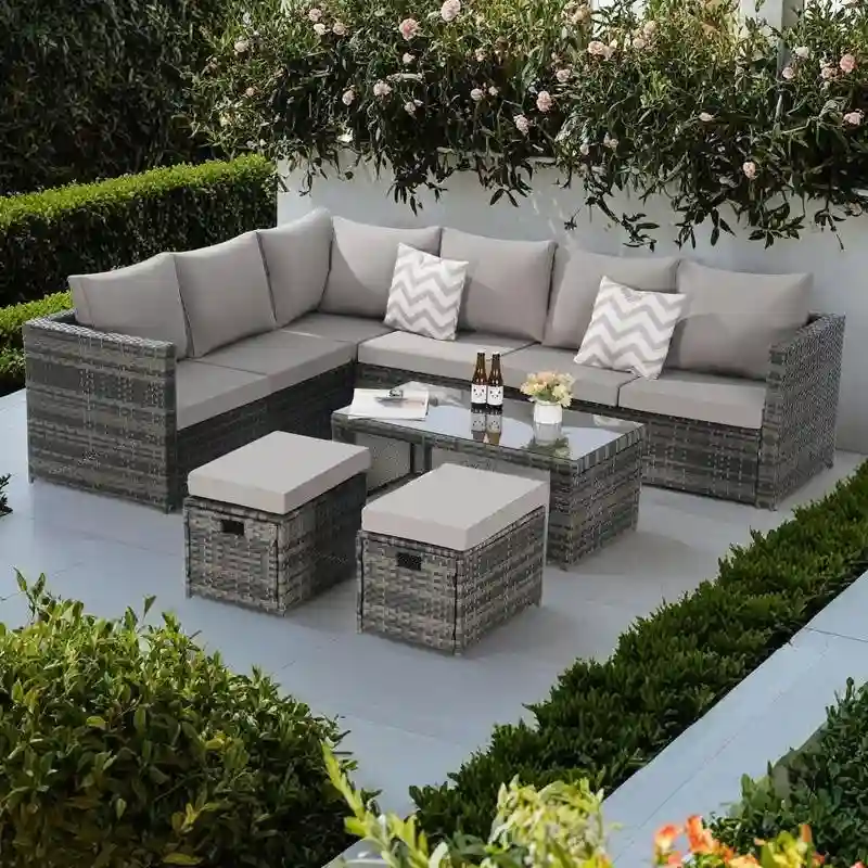 6-Piece Outdoor Patio Rattan Conversation Sectional Sofa Set with Tempered Glass Coffee Table