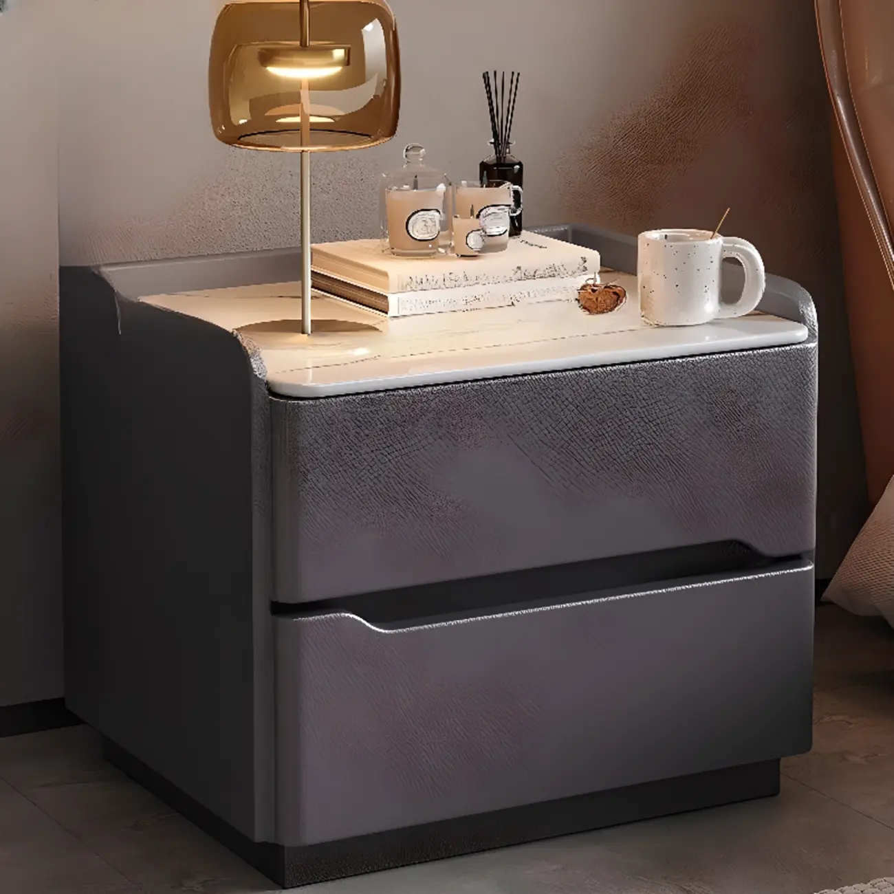 Nordic Sintered Stone Top Wood 2-Drawer Nightstand