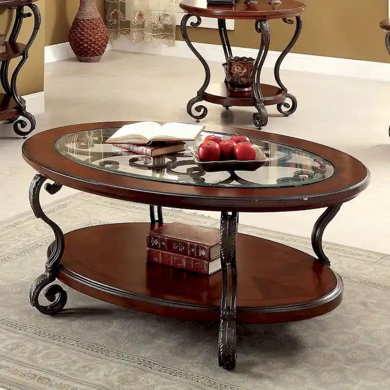 Brown Cherry Glass Top Coffee Table with Ornate Scroll Metal Frame & Open Shelves - Single Use