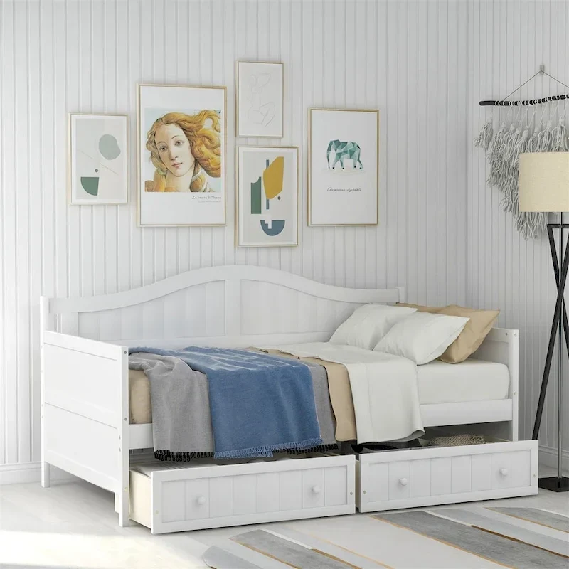 Twin Wooden Daybed, 2 Storage Drawers, Solid Wood & MDF, 10 Slats, No Box Spring, Seats/Sleeps 1, Espresso/White/Grey